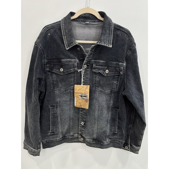 NEW Black Denim Trucker Jacket Men's XL Classic Button Front Art Streetwear - Picture 5 of 10